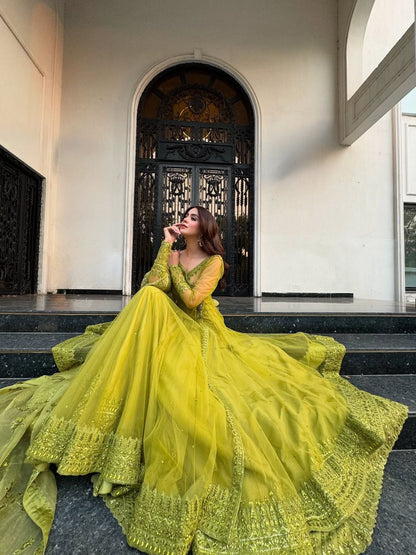 Lime Green Butterfly Net Kediya Style Lehenga Choli Set