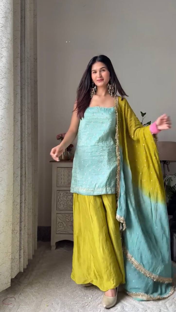 Cyan and Lime Party Wear Suit for Women - Chinon Silk Salwar Suit