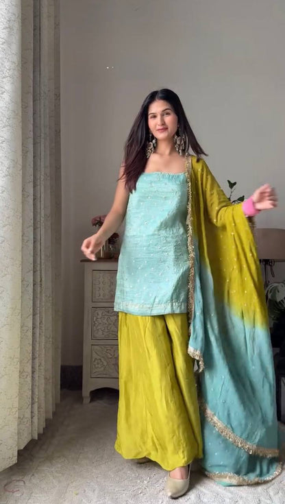 Cyan and Lime Party Wear Suit for Women - Chinon Silk Salwar Suit
