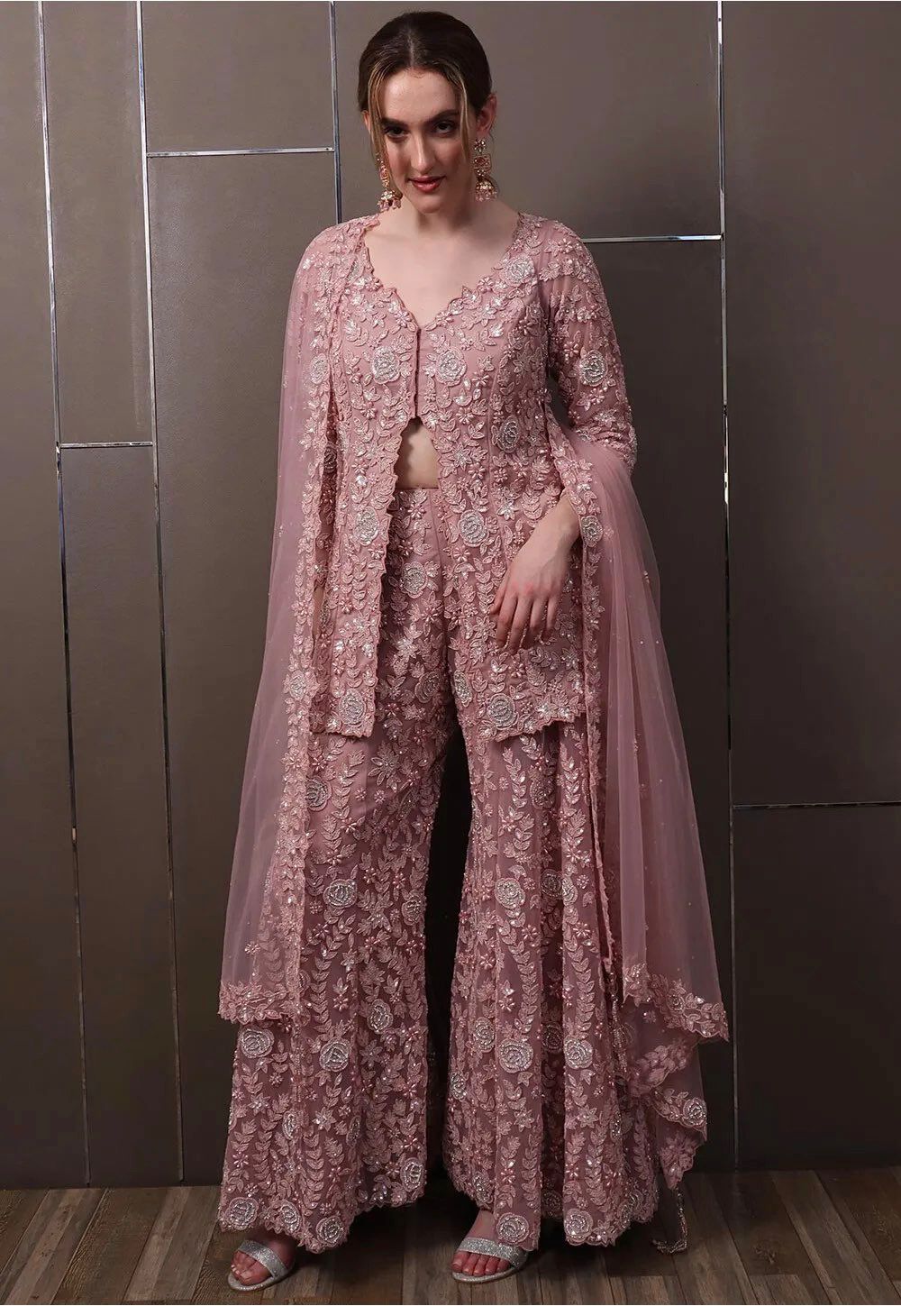 Rose Pink Georgette Sequined Palazzo Suit Set with Dupatta