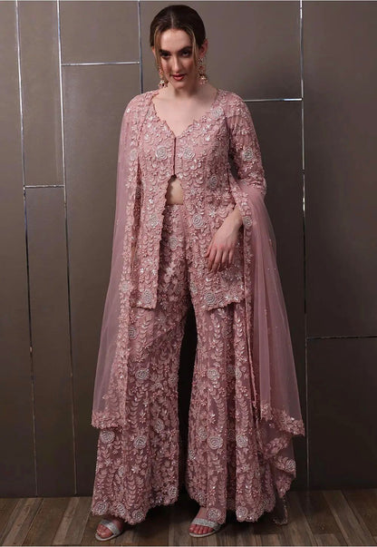 Rose Pink Georgette Sequined Palazzo Suit Set with Dupatta