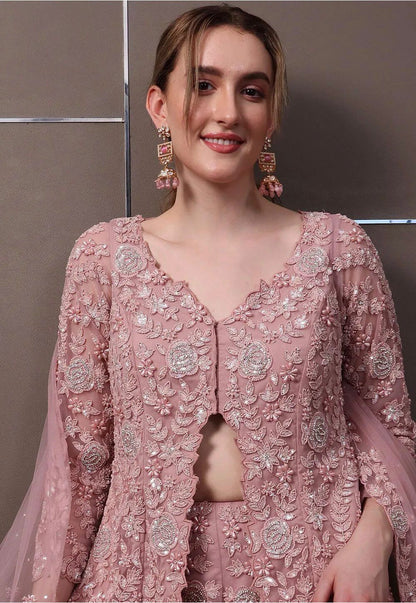 Rose Pink Georgette Sequined Palazzo Suit Set with Dupatta