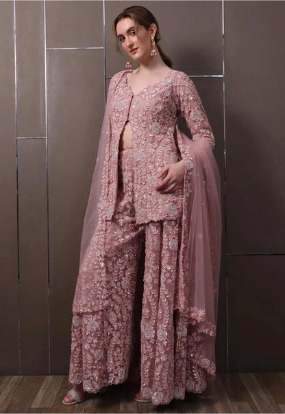 Rose Pink Georgette Sequined Palazzo Suit Set with Dupatta