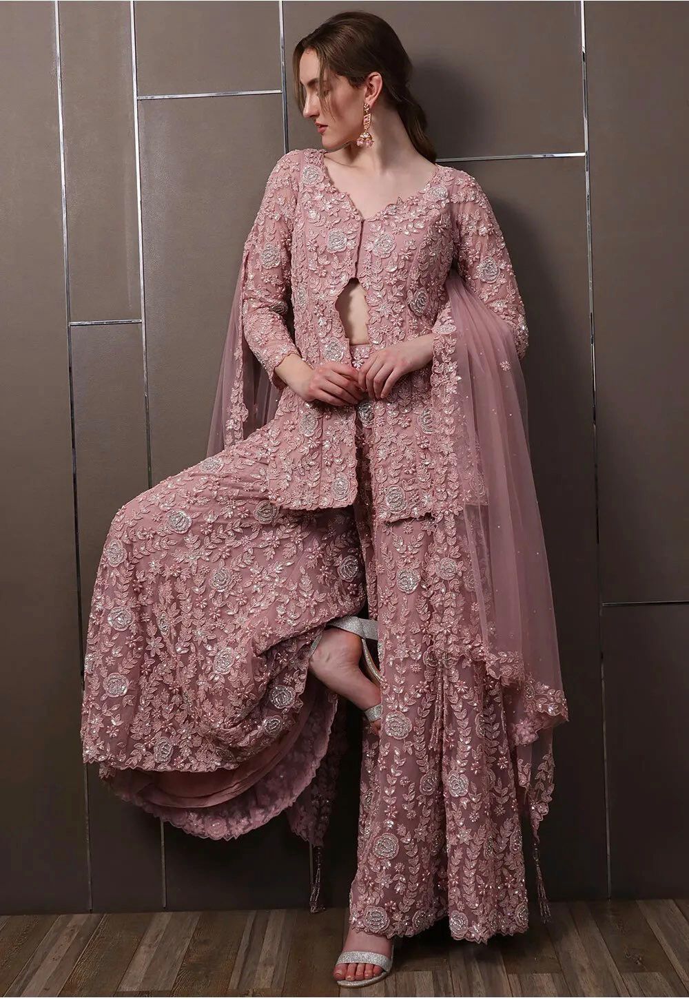 Rose Pink Georgette Sequined Palazzo Suit Set with Dupatta