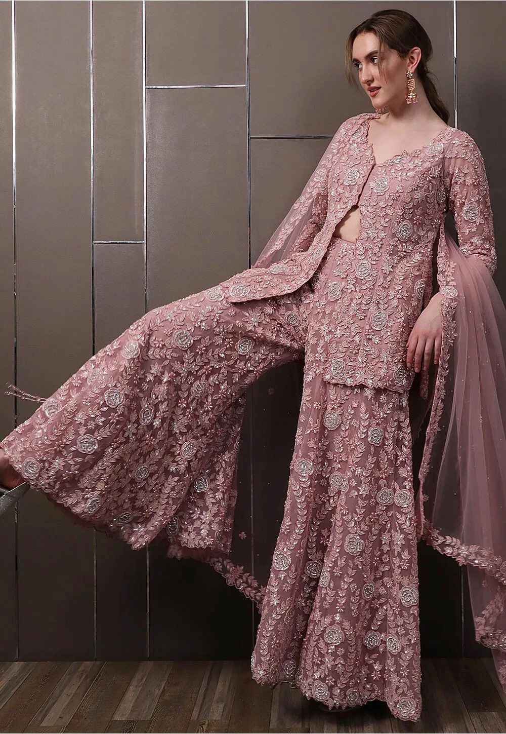 Rose Pink Georgette Sequined Palazzo Suit Set with Dupatta