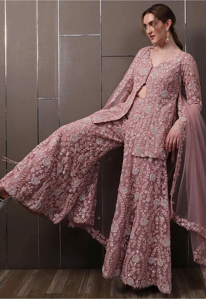 Rose Pink Georgette Sequined Palazzo Suit Set with Dupatta