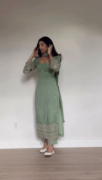 Faux Georgette Sequence Embroidered Palazzo Suit Set