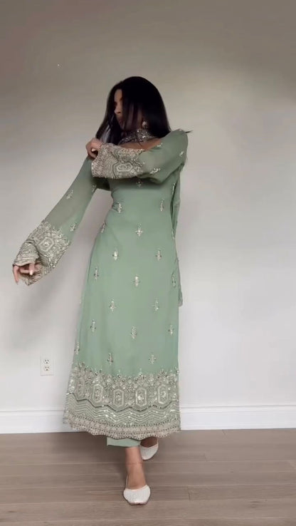 Faux Georgette Sequence Embroidered Palazzo Suit Set