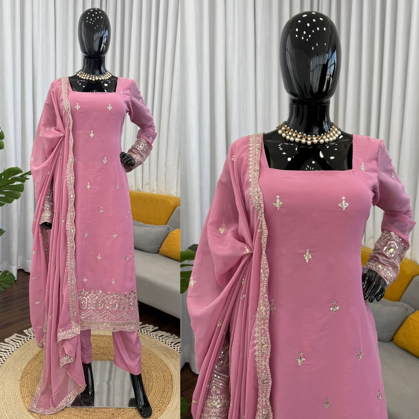 Faux Georgette Sequence Embroidered Palazzo Suit Set