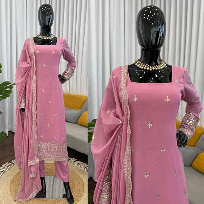 Faux Georgette Sequence Embroidered Palazzo Suit Set