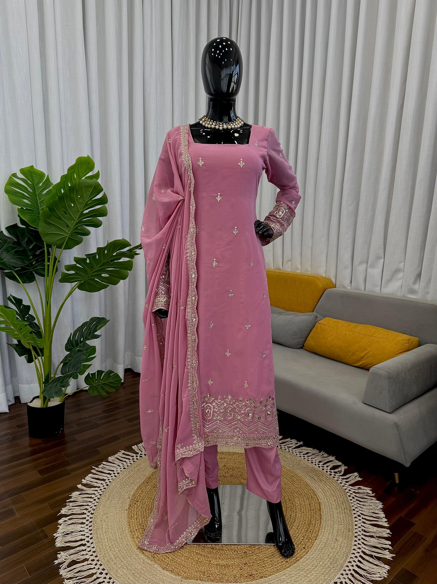Faux Georgette Sequence Embroidered Palazzo Suit Set