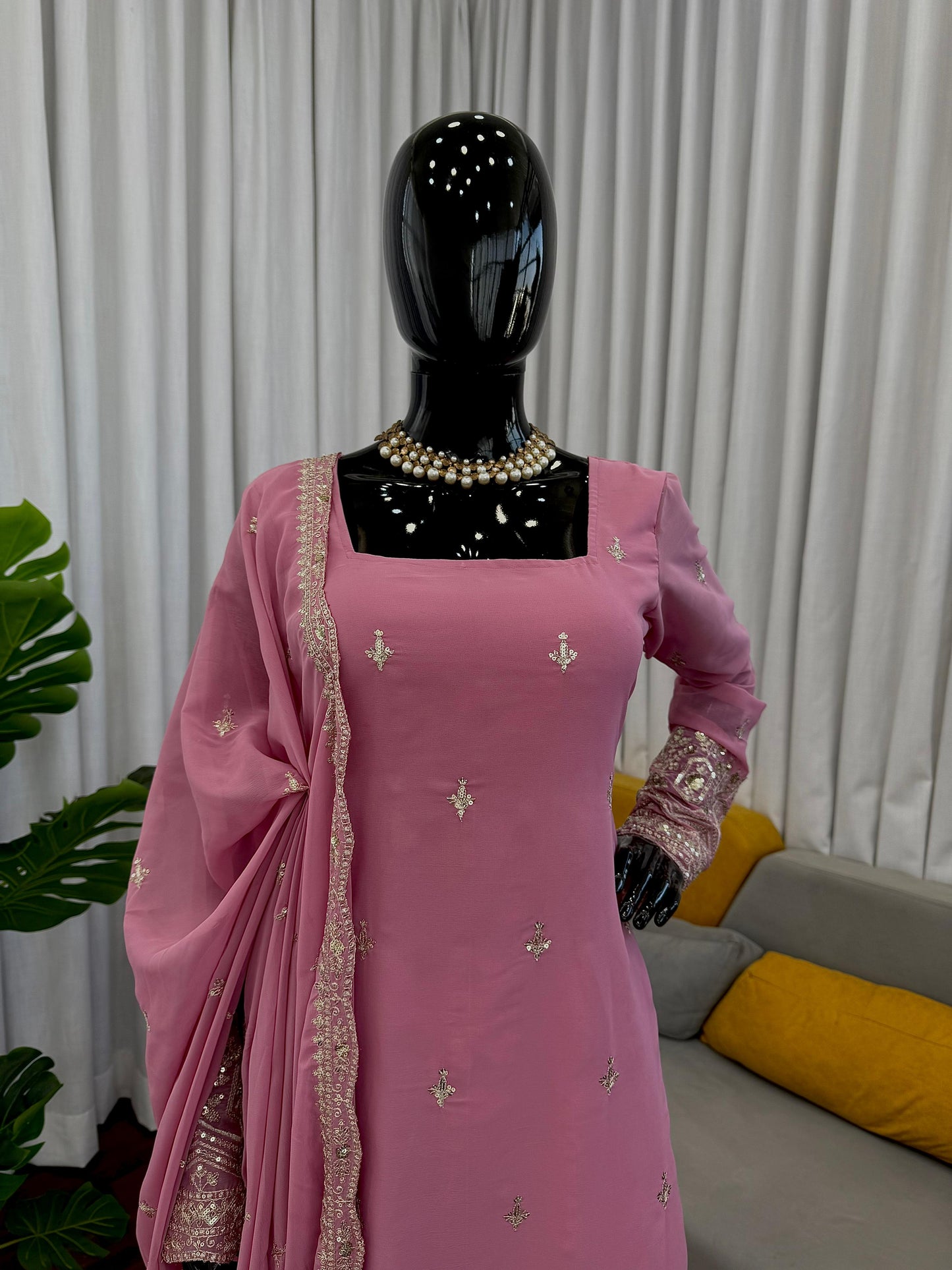 Faux Georgette Sequence Embroidered Palazzo Suit Set