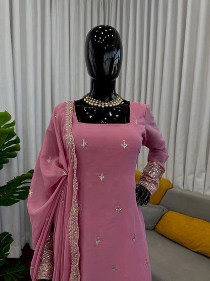 Faux Georgette Sequence Embroidered Palazzo Suit Set