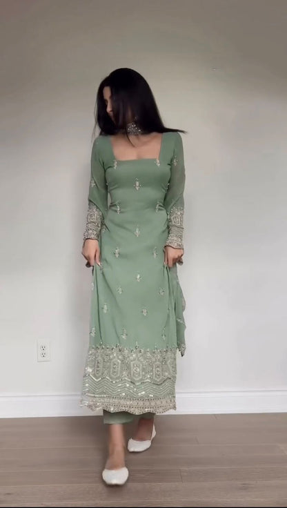 Faux Georgette Sequence Embroidered Palazzo Suit Set