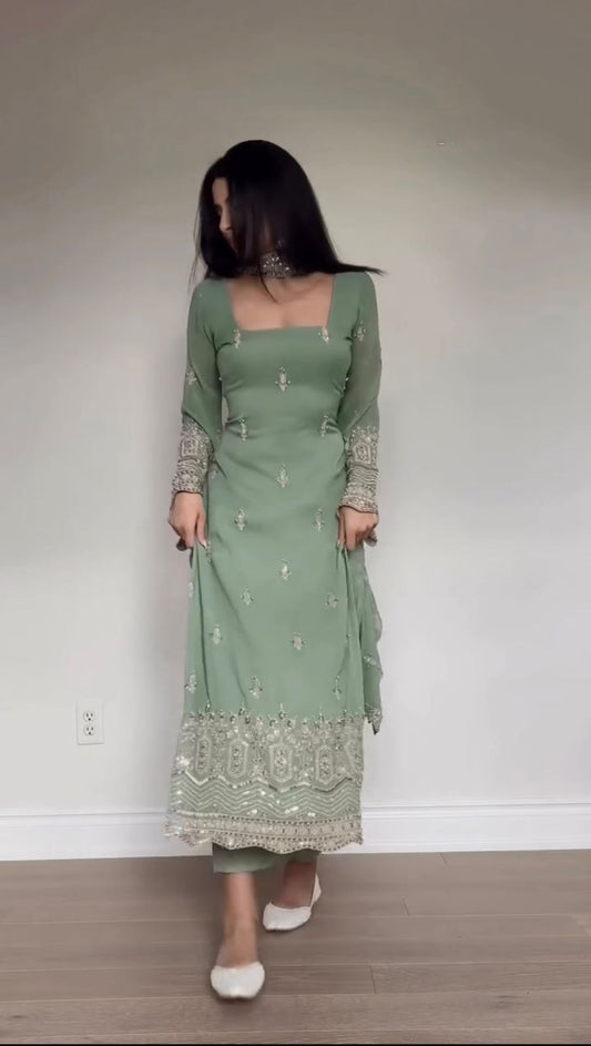 Faux Georgette Sequence Embroidered Palazzo Suit Set