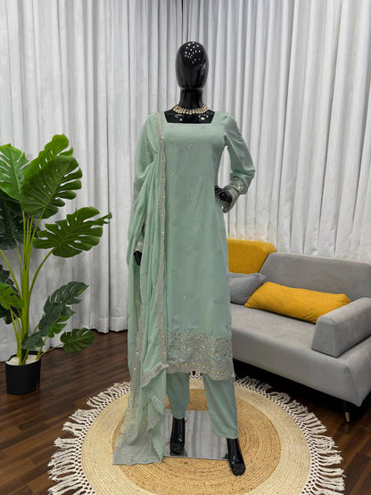 Faux Georgette Sequence Embroidered Palazzo Suit Set