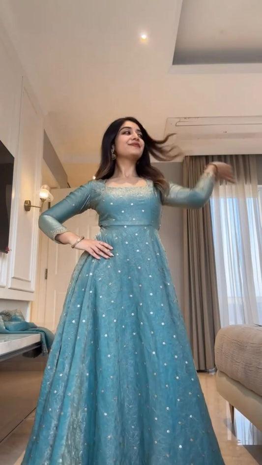 Sky Blue Fendy Silk Anarkali Suit Set with Sequence Work