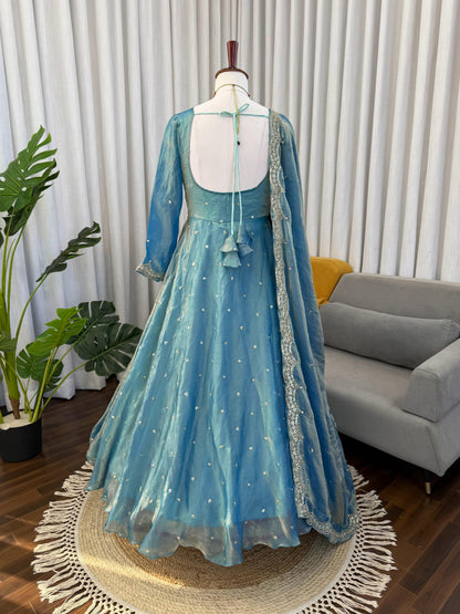 Sky Blue Fendy Silk Anarkali Suit Set with Sequence Work