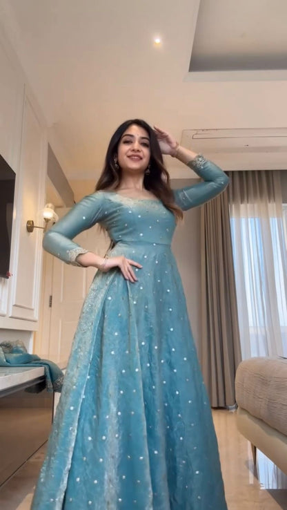 Sky Blue Fendy Silk Anarkali Suit Set with Sequence Work