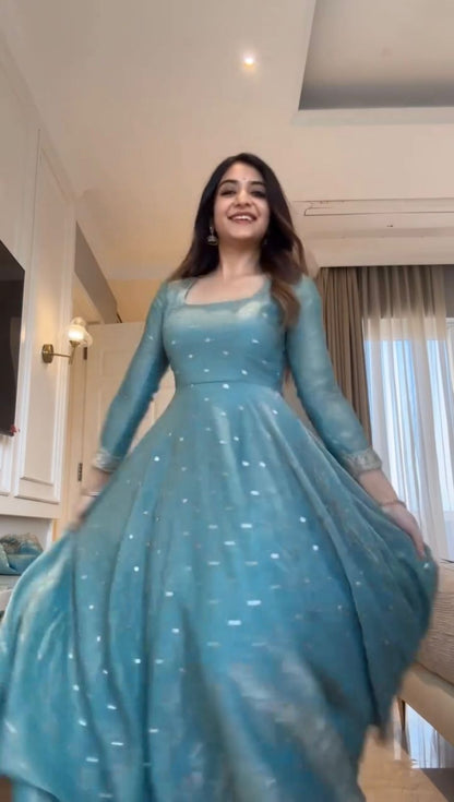 Sky Blue Fendy Silk Anarkali Suit Set with Sequence Work