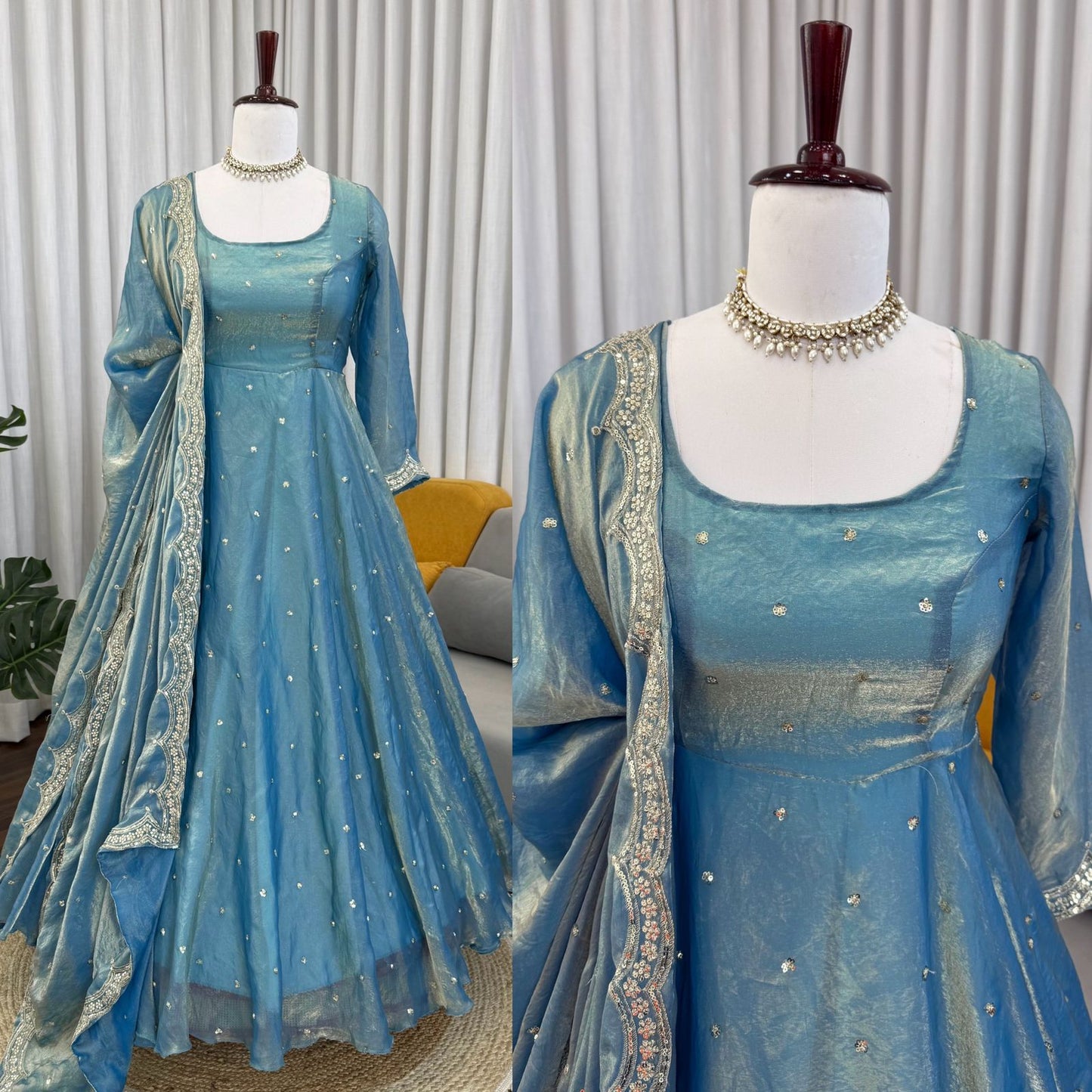 Sky Blue Fendy Silk Anarkali Suit Set with Sequence Work