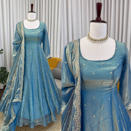 Sky Blue Fendy Silk Anarkali Suit Set with Sequence Work