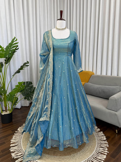 Sky Blue Fendy Silk Anarkali Suit Set with Sequence Work