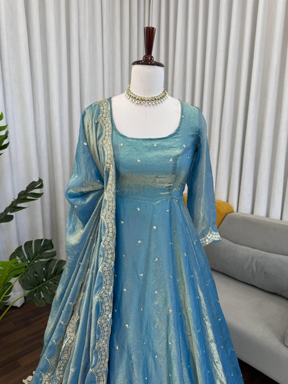Sky Blue Fendy Silk Anarkali Suit Set with Sequence Work