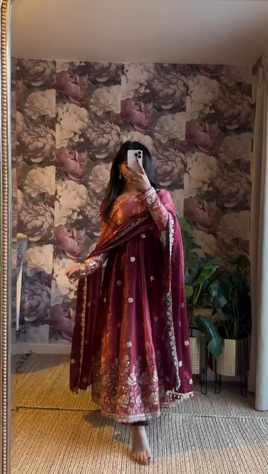 Premium Wine & Copper Chinon Silk Embroidered Anarkali Suit Set