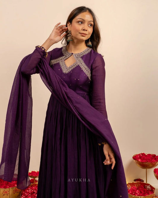 Deep Purple Vichitra Silk Anarkali Suit with Embroidered Neckline