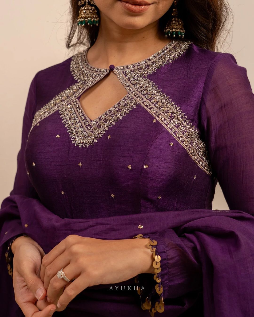 Deep Purple Vichitra Silk Anarkali Suit with Embroidered Neckline