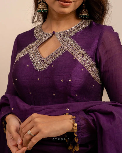 Deep Purple Vichitra Silk Anarkali Suit with Embroidered Neckline