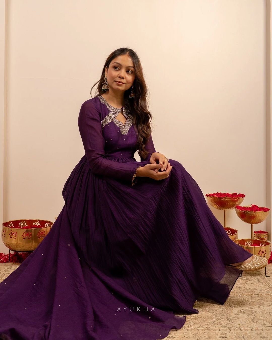 Deep Purple Vichitra Silk Anarkali Suit with Embroidered Neckline
