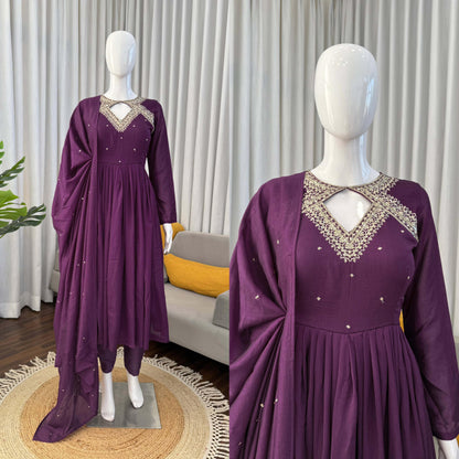 Deep Purple Vichitra Silk Anarkali Suit with Embroidered Neckline