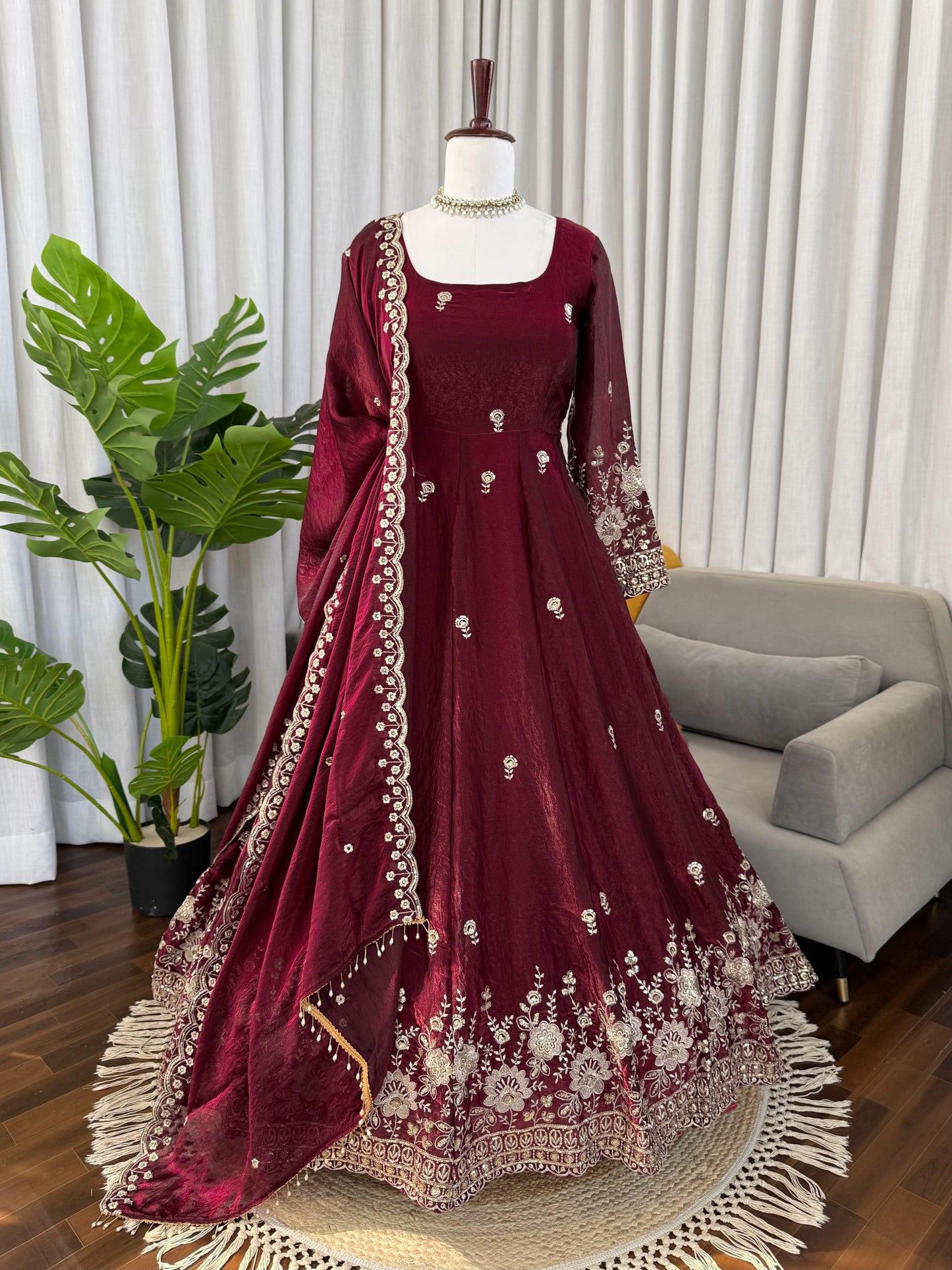 Wine Fendy Silk Sequence Work Anarkali Suit - Festive Ethnic Wear