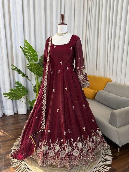 Wine Fendy Silk Sequence Work Anarkali Suit - Festive Ethnic Wear