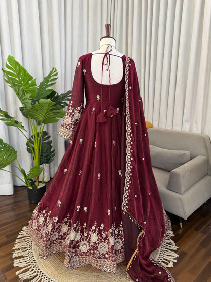 Wine Fendy Silk Sequence Work Anarkali Suit - Festive Ethnic Wear