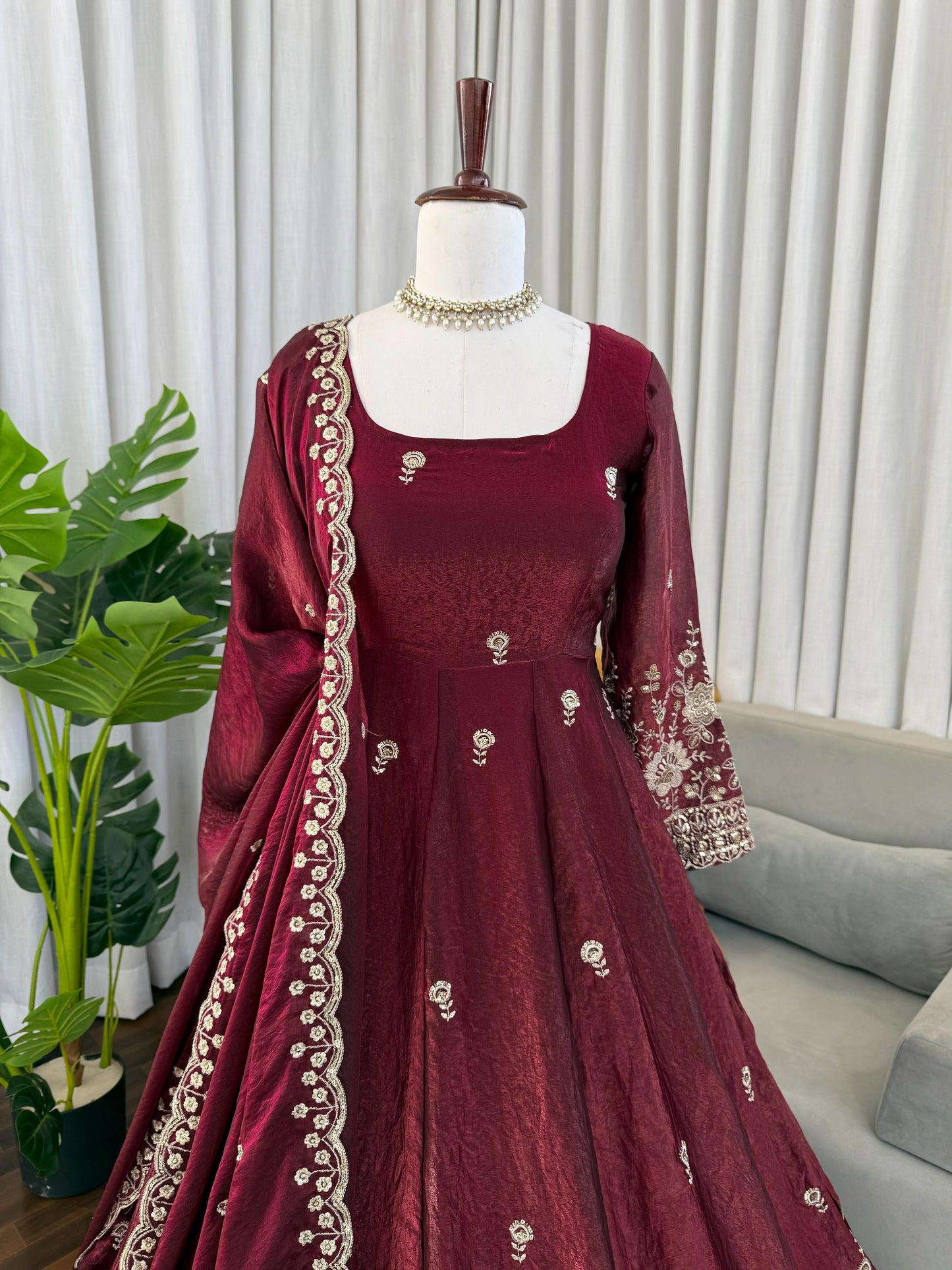 Wine Fendy Silk Sequence Work Anarkali Suit - Festive Ethnic Wear