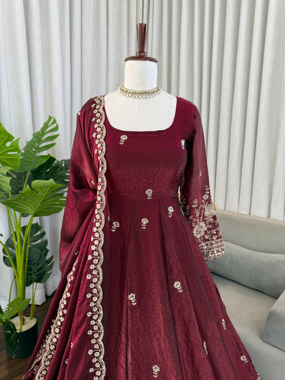 Wine Fendy Silk Sequence Work Anarkali Suit - Festive Ethnic Wear