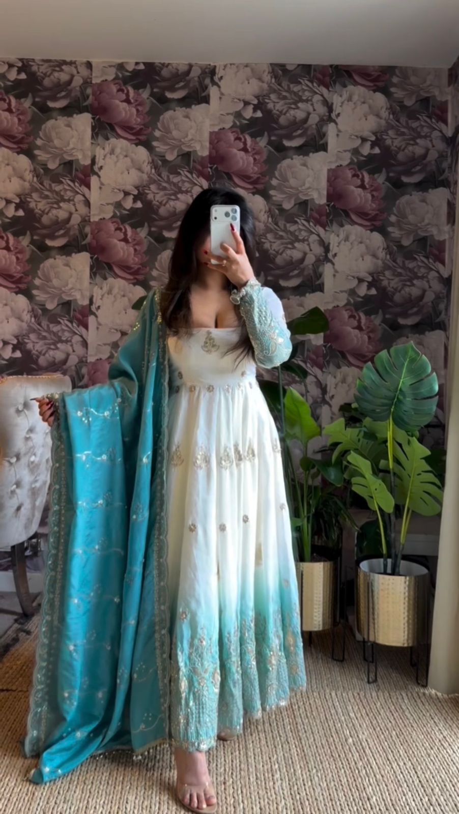 White & Seafoam Green Ombre Star Georgette Anarkali Suit Set
