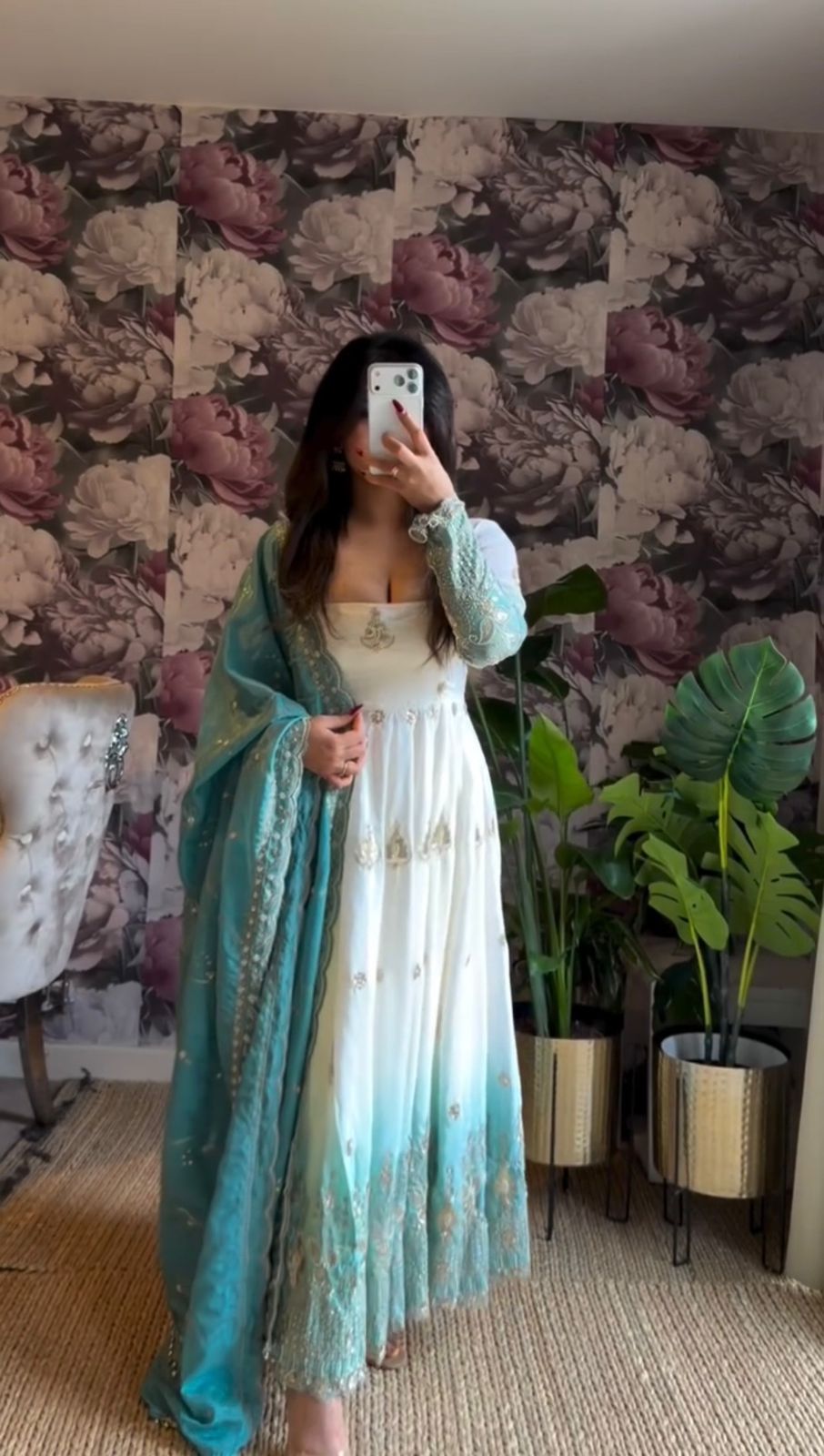 White & Seafoam Green Ombre Star Georgette Anarkali Suit Set