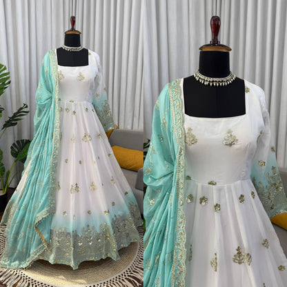 White & Seafoam Green Ombre Star Georgette Anarkali Suit Set