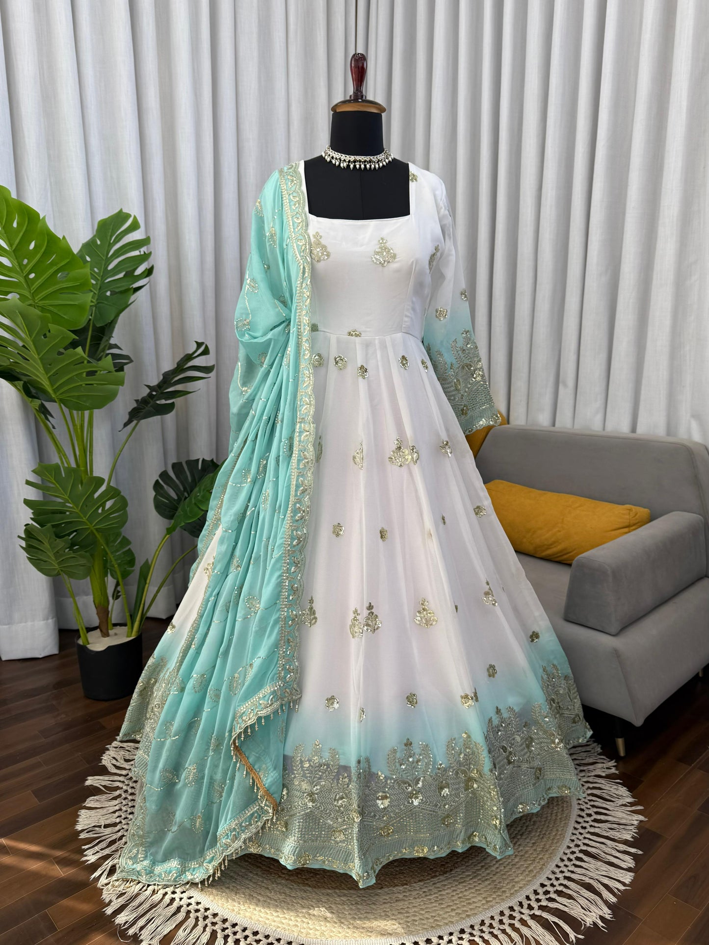 White & Seafoam Green Ombre Star Georgette Anarkali Suit Set