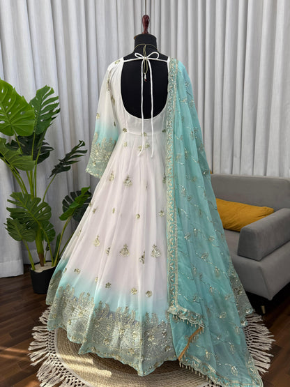 White & Seafoam Green Ombre Star Georgette Anarkali Suit Set