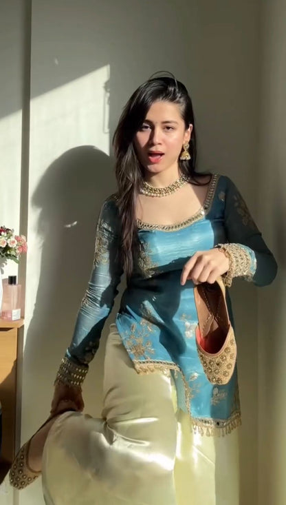 Blue Embroidered Fendy Silk Palazzo Set with Mirror Work