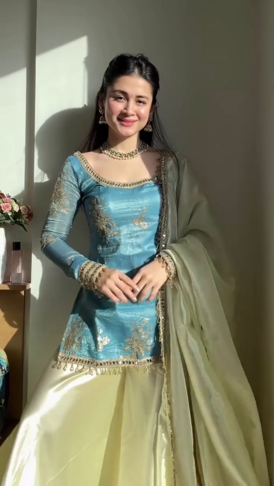 Blue Embroidered Fendy Silk Palazzo Set with Mirror Work