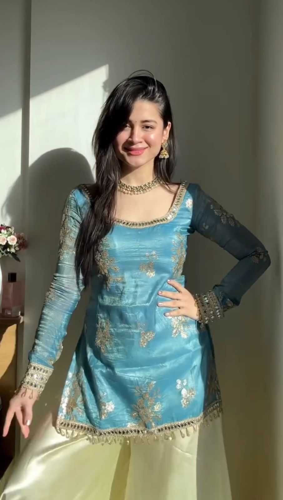 Blue Embroidered Fendy Silk Palazzo Set with Mirror Work
