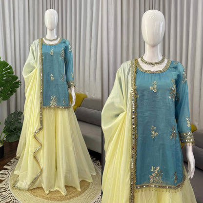 Blue Embroidered Fendy Silk Palazzo Set with Mirror Work