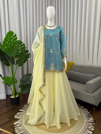 Blue Embroidered Fendy Silk Palazzo Set with Mirror Work