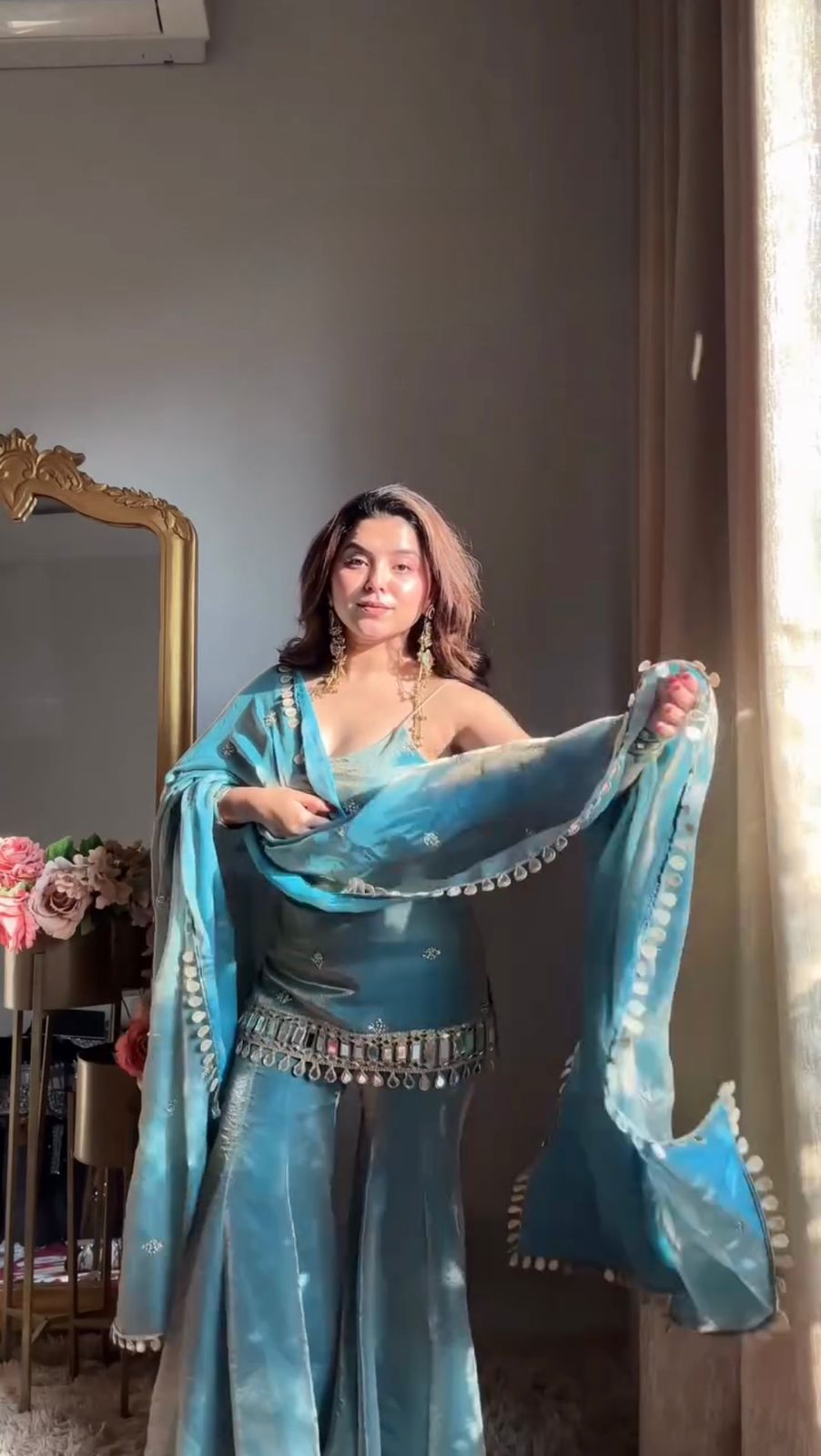 Teal Fendy Silk Palazzo Suit with Real Mirror & Sequence Work